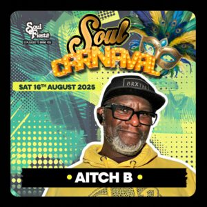 Legendary Soul II Soul DJ Aitch B wearing a yellow hoodie and cap, ready to bring the Carnival heat to Soul Fiesta 2025 in Thurrock, Essex.
