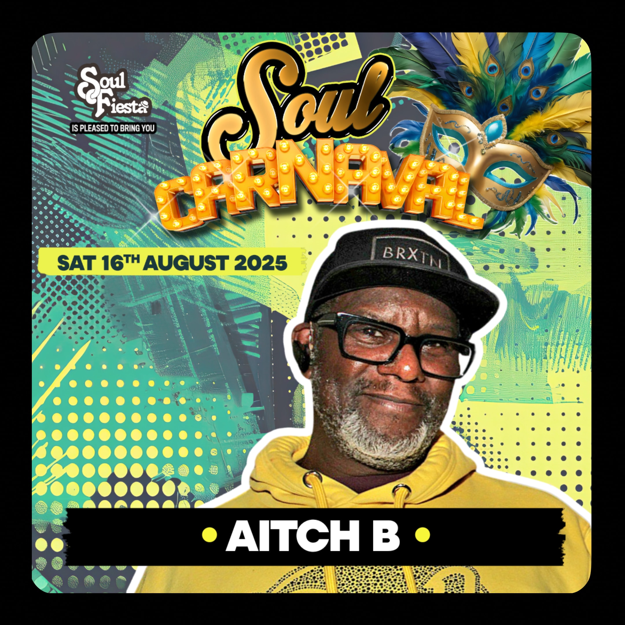 Legendary Soul II Soul DJ Aitch B wearing a yellow hoodie and cap, ready to bring the Carnival heat to Soul Fiesta 2025 in Thurrock, Essex.