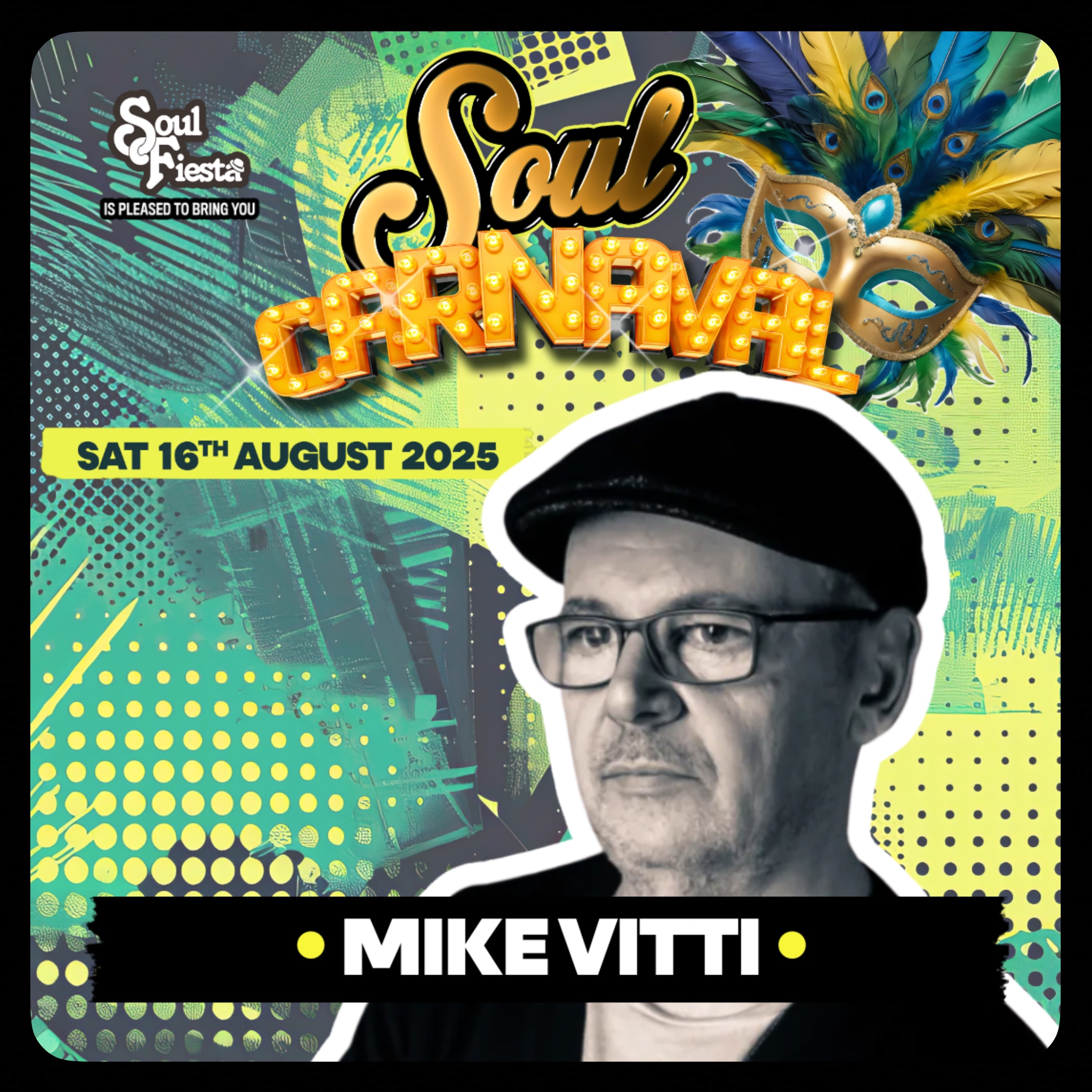 Mike Vitti, vinyl soul specialist, in signature flat cap and glasses, serving dancefloor classics at Soul Fiesta: Soul Carnival in Essex.