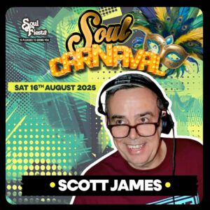 DJ Scott James smiling behind the decks with headphones on, ready to light up the Soul Carnival dancefloor with pure classics.