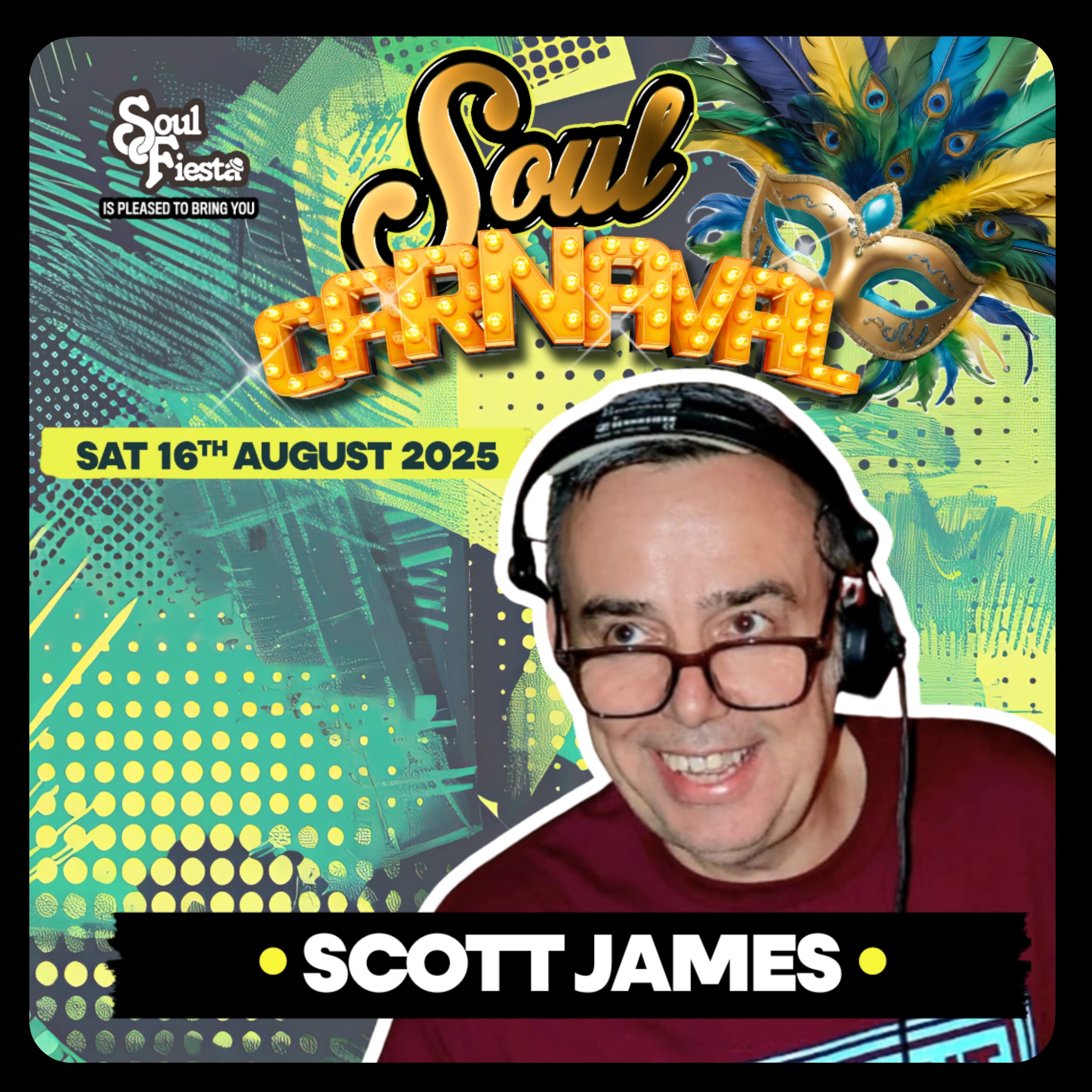 DJ Scott James smiling behind the decks with headphones on, ready to light up the Soul Carnival dancefloor with pure classics.