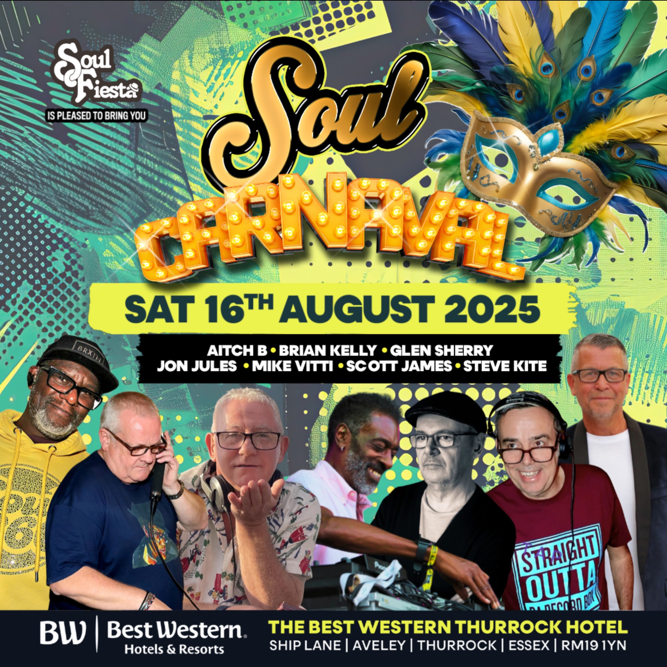 Soul Carnaval 2025 DJ Lineup Graphic – Aitch B, Brian Kelly, Glen Sherry, Jon Jules, Mike Vitti, Scott James, Steve Kite