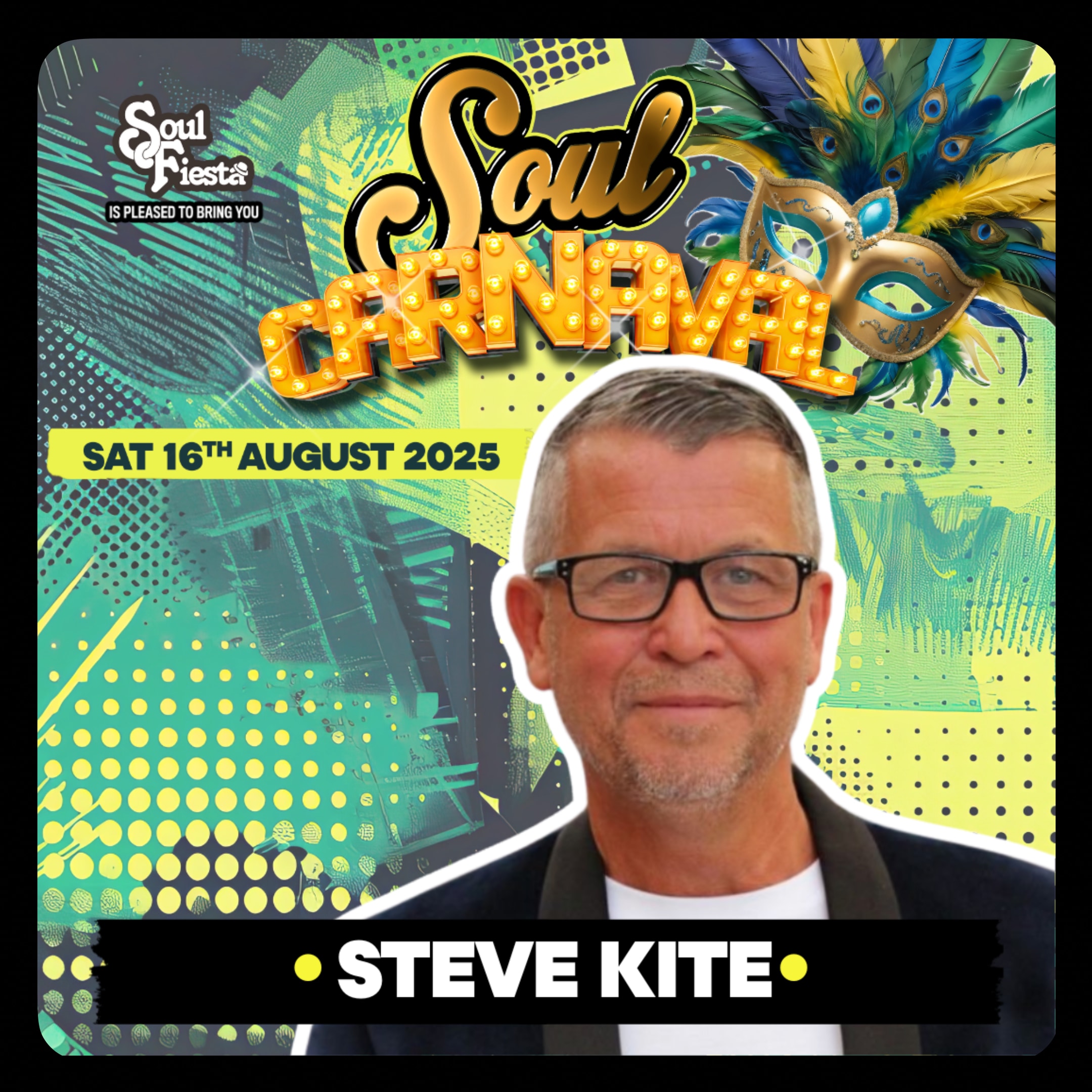 Steve Kite in jacket and tee at Soul Fiesta Soul Carnival, bringing timeless soul to the Essex crowd on Saturday 16th August 2025.