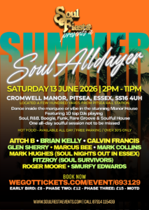 Soul Fiesta's official notice that they will be hosting an all day event at Cromwell Manor on a bright orange/dark faded background with full details and line up