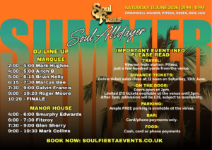 Soul Alldayer Summer 2026 Outdoor Soul Music Event Essex with important details for the days event, including DJ schedule