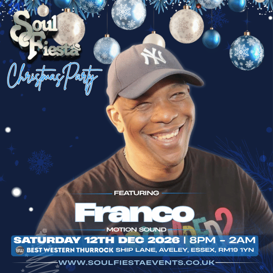 Soul Fiesta Christmas DJ Artist card for Franco. Saturday 12 December 2026, 8pm–2am at Best Western Thurrock, Two rooms of soul, R&B and festive party vibes. Over-30s event with tickets from £15.